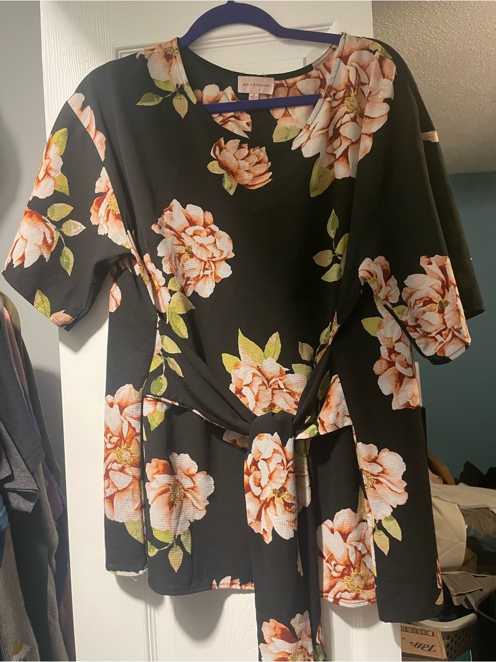Black Floral Tie-Front Top with Peach Blooms Plus Size Molly & Isadora 1x